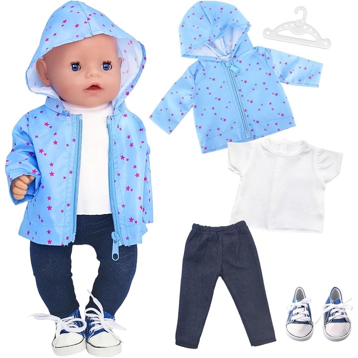 Set 5 Haine Papusi 35-45 cm: Jacheta Stele, Tricou, Pantaloni, Pantofi