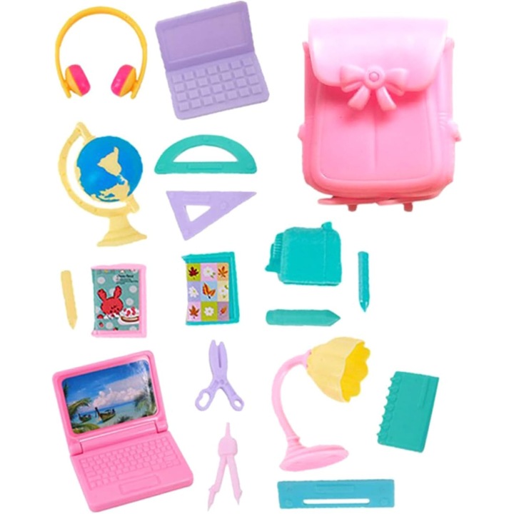 Set Accesorii Scoala Papusi 18 Piese: Rucsac, Caiete, Creioane