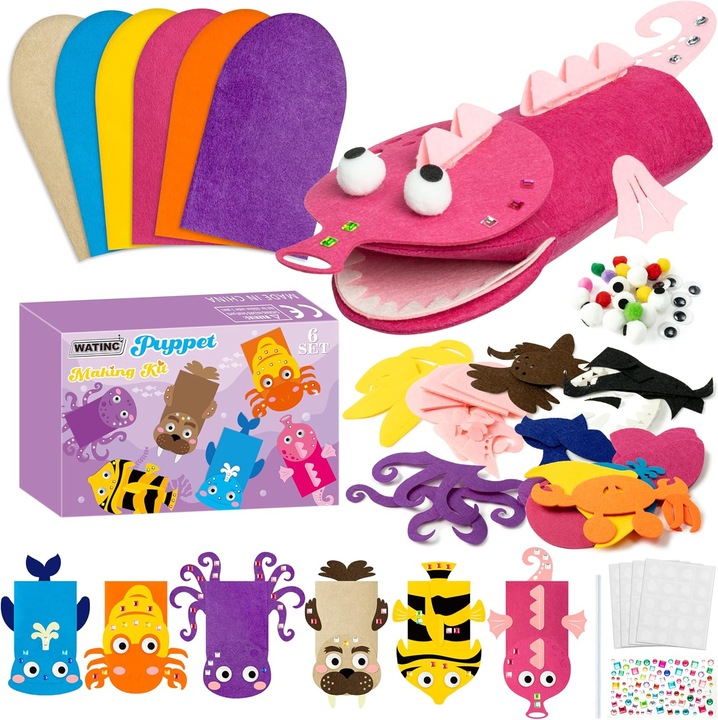 Set Papusi Maini Feltru DIY WATINC, 6 Piese, Animale Marine