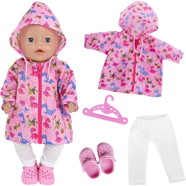Haine Ploaie Papusi 35-43cm (4 Buc) - Impermeabil, Roz, Accesorii