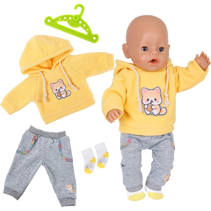 Haine Papusi 35-43 cm: Set 4 Piese Catelus Galben cu Gluga