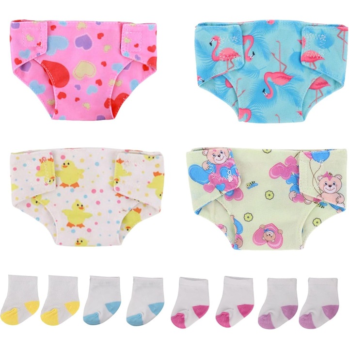 Set 4 Scutece si 4 Perechi Sosete Papusi 30-43 cm, Accesorii Papusi