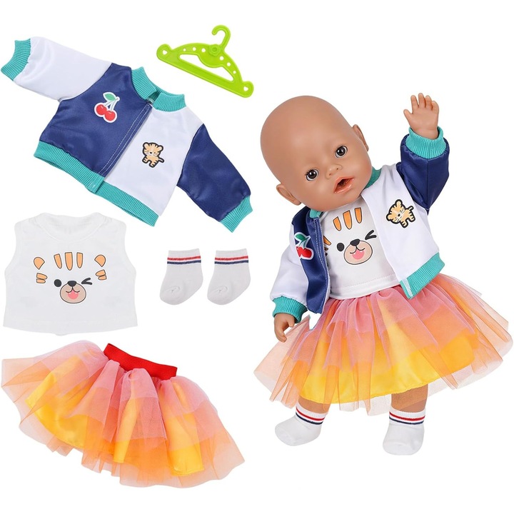 Set 5 Piese Haine Papusa 35-45 cm: Jacheta, Vesta, Fusta Tul, Sosete