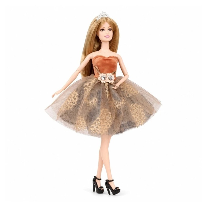 Papusa Emily 32 cm pentru Fetite, Rochie Maro-Aurie cu Model Floral si Accesorii