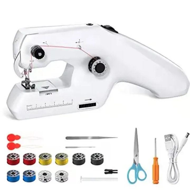 Masina de cusut manuala portabila VITERRA.4-25CDCJ-K0232-260830-3366, functionare 4×AA sau alimentare DC/USB, cusaturi cu dubla linie, alb, kit accesorii