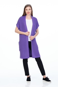 Jacheta tricotata BE YOU, cu buzunare inclinate si maneca scurta, Violet, S Jacheta tricotata BE YOU, cu buzunare inclinate si maneca scurta, Violet, S