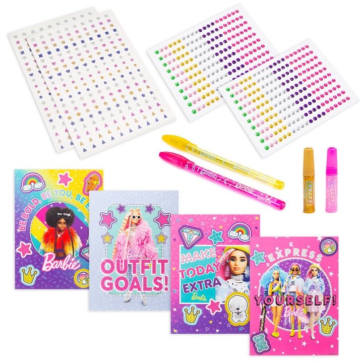 Set accesorii decorative Mattel Barbie Glitter, autocolante cu pietricele stralucitoare, markere si lipici sclipici, multicolor
