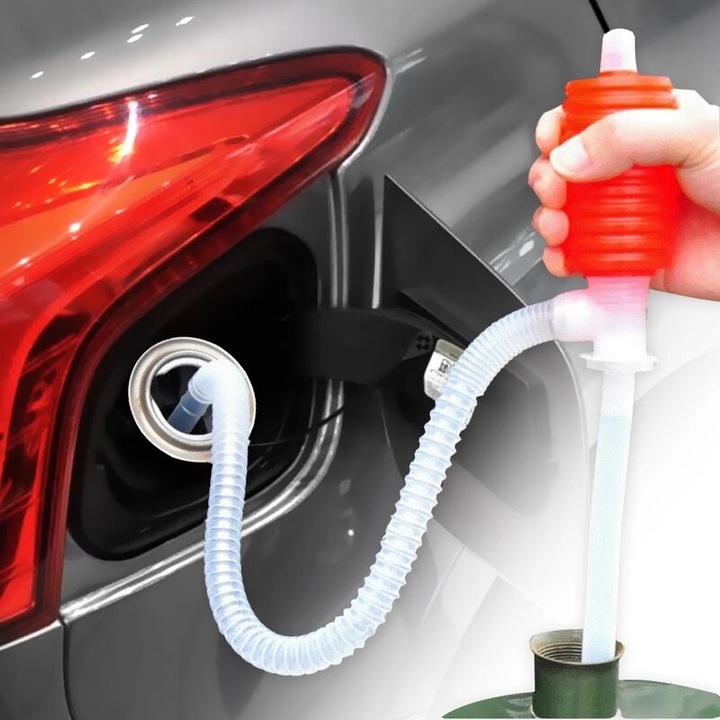 Pompa manuala cu sifon pentru transfer de benzina si motorina, potrivita pentru autoturisme si camioane, rosie si alba, 1 bucata