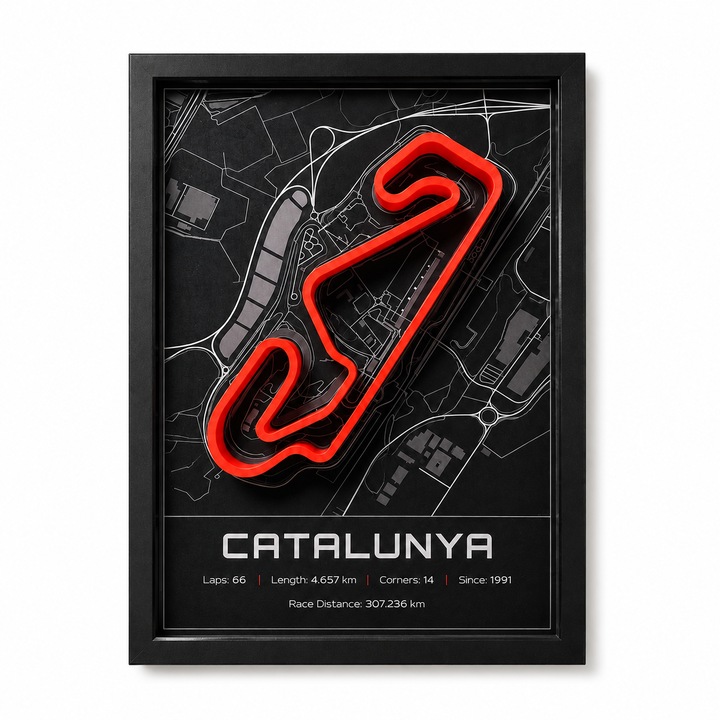 Tablou decorativ Circuit Barcelona-Catalunya, printat 3D, traseu in relief, rama neagra, 32x23cm, set tablouri