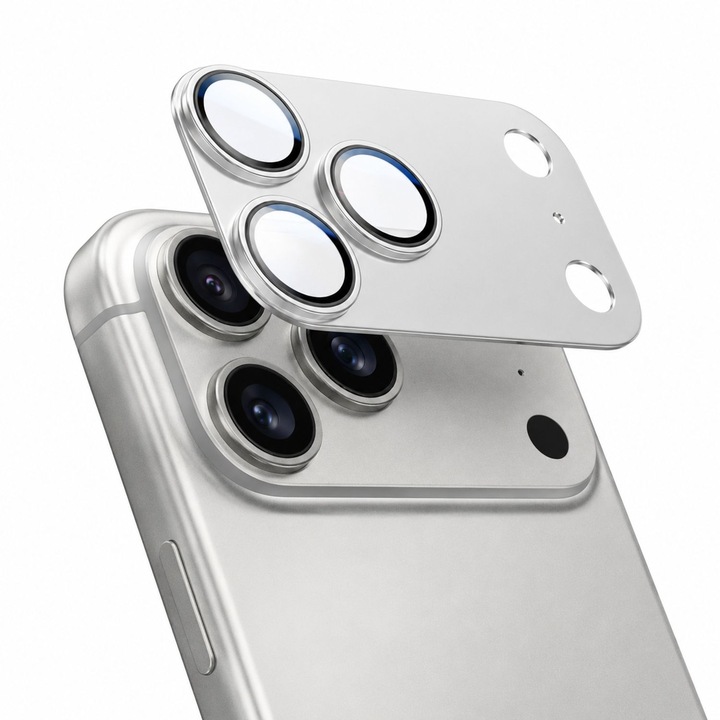 Folie de Protectie pentru Camera iPhone 18 Pro Max, Sticla Securizata 9H, Acoperire Full Cover, Protectie pentru Modulul Camerei, Argintiu