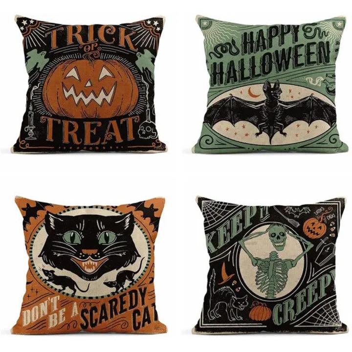 Set de 4 huse de perna din in 31CJ-K0274-260831-3618, design Halloween retro (imprimare pe o fata), multicolor, 18 x 18 inchi