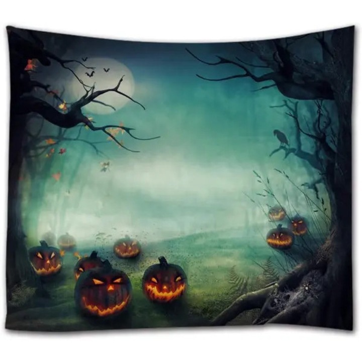 Poliészter falikárpit Halloween témával, faragott tökökkel és ijesztő fával, többszínű, 200 x 150 cm