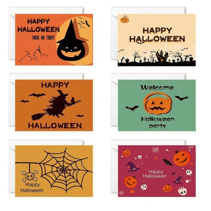 Set 6 felicitari de Halloween cu plic si autocolante, 6 modele diferite, carton 250 g, multicolor, 6 buc