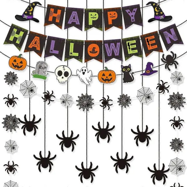 Halloween dekorációs szett 31CJ-K0274-260831-5960, előre összeszerelt „Happy Halloween” banner zászlókkal és 8 függő girland pókokkal, tökkel, szellemmel, koponyával, macskával és kalappal, vastag, újrahasználható papír, többszínű