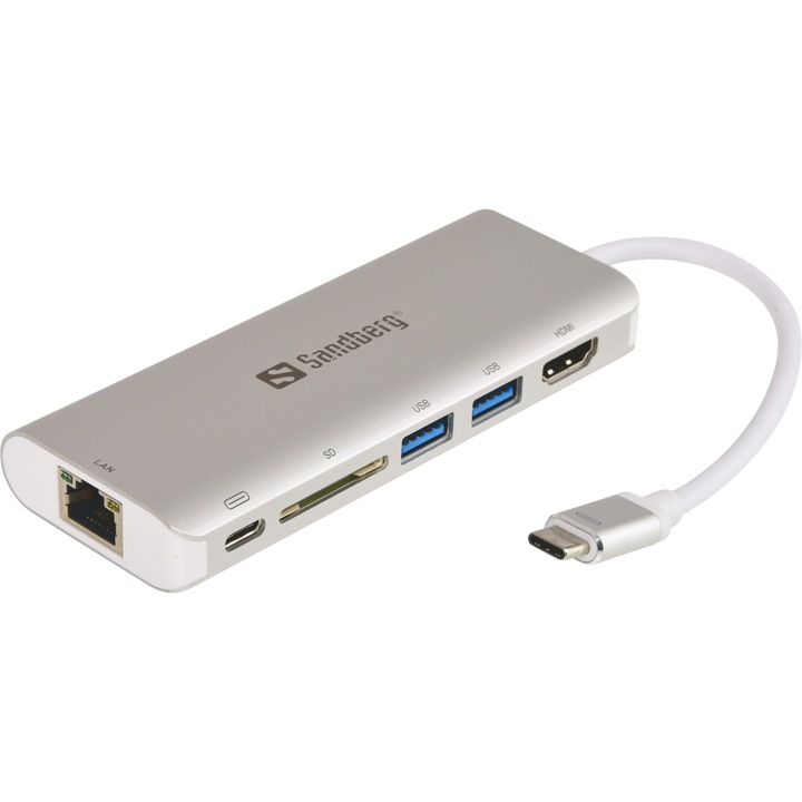 Докинг станция Sandberg SNB-136-18, USB Type-C към HDMI+LAN+SD+USB, 61W