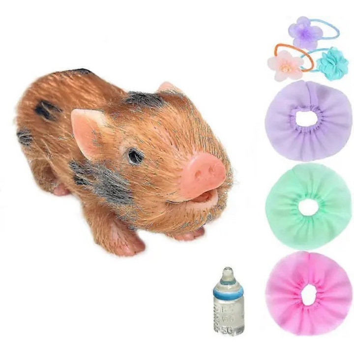 Jucarie porcusor realist din silicon, mini cu corp integral din silicon si par, 12,7 cm, include 5 accesorii, maro
