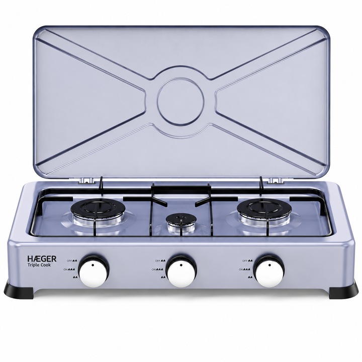 Plita pe gaz portabila HAEGER TRIPLE COOK, 3 arzatoare, Aprindere piezo automata, Suprafata emailata, Arzatoare aluminiu, Gri 3 arzatoare