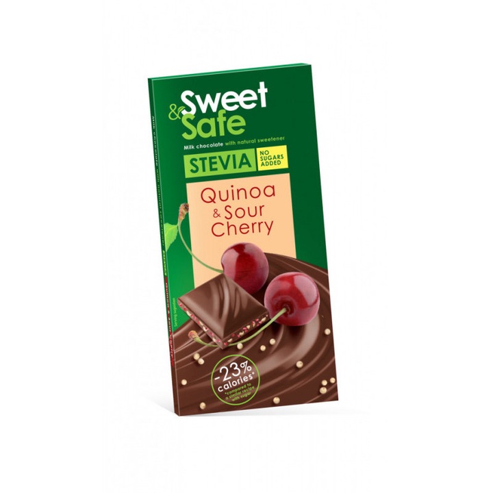 Ciocolata cu lapte cu quinoa si visine cu indulcitor stevie 90gr "sweet & safe" sly nutritia