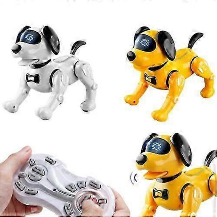 Играчка робот куче FU-K0276, програмируемо дистанционно управление, презареждаема 3.7V 500mAh, движения ходене/танцуване/пеене, инфрачервен сигнал, 22 x 13 x 21 см, бял/жълт
