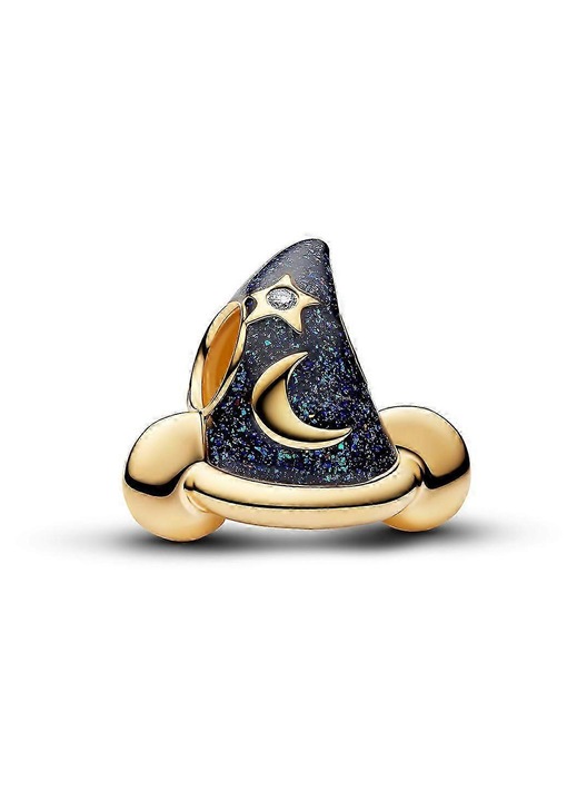 Marvel, charm din argint sterling 925 cu email bleumarin sclipitor si placare aur, palarie vrajitor cu semiluna si stea, zircon