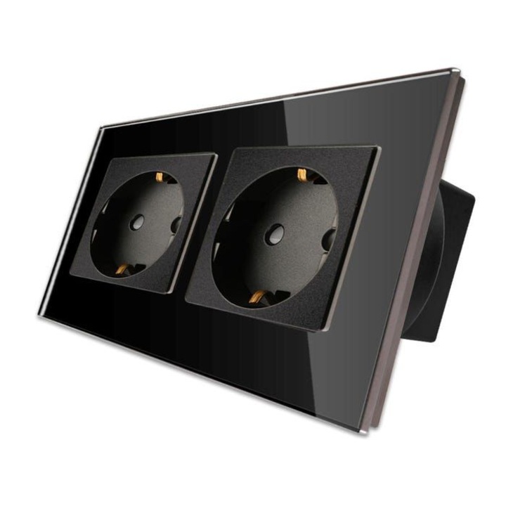 Priza dubla cu rama din sticla securizata BSEED 157MM 13-16A BLACK