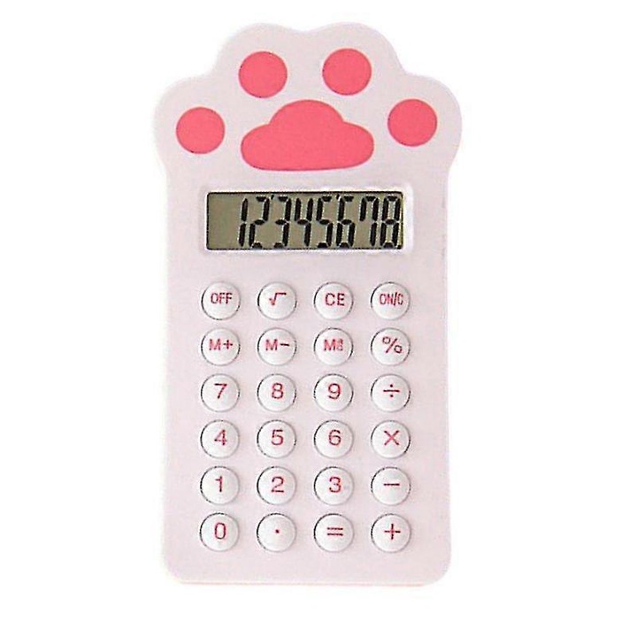 Калкулатор преносим FU-K0276-20260831-3674, 8-цифрен дисплей, дизайн котешка лапа (cat paw), от ABS, захранване 1 x бутонна батерия (включена), розов/бял