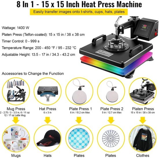 Presa termica multifunctionala Corenia QRE-4500175 8‑in‑1, 15 x 15 inch (38 x 38 cm), 1400W, temperatura 95–232°C, brat rotativ 360°, panou LCD digital, negru