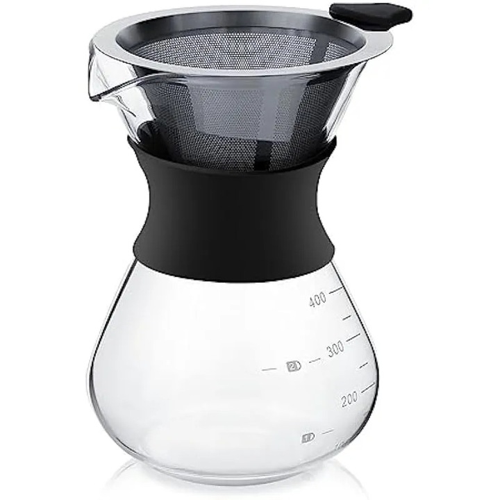 Cafetieră din sticlă cu filtru din oțel inoxidabil, Pour Over, rezistentă la căldură, 1, 2L