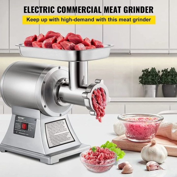 Tocator de carne electric Corenia QRE-1000931, 1.5HP/1100W, capacitate 550 lbs/ora, 93 rpm, inox, argintiu, cu sita si umplator de carnati