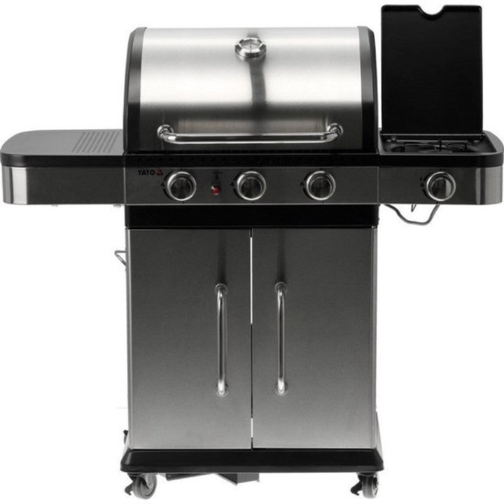 Gratar pe gaz Corenia QRE-1000869, 3+1 arzatoare, 11,2 kW, inox, cu arzator lateral si termometru integrat
