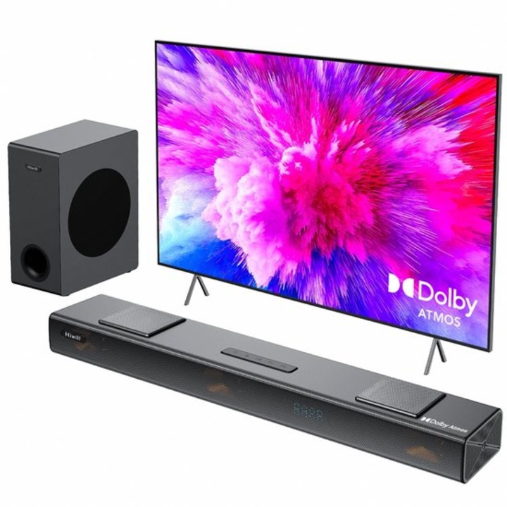 Soundbar Corenia QRE-1001192 3.1.2, 400 W putere de varf, subwoofer 5,25 inch cablat, tweeter-e laterale si central, HDMI, negru