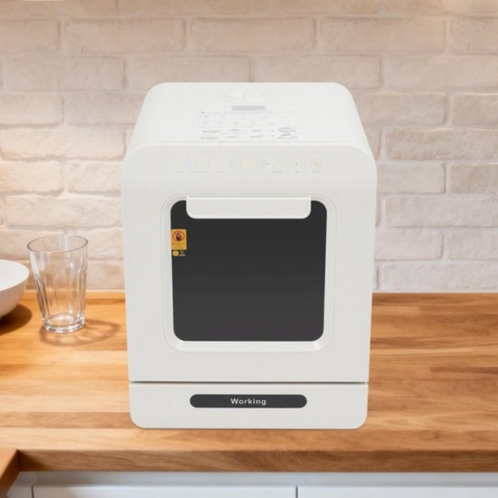 Masina de spalat vase compacta Corenia QRE-1001056, 3 programe, clasa A, uscare PTC, consum 4 L/ciclu, rezervor integrat sau racord apa, capacitate 1–3 seturi, alb, 36×34.4×43.5 cm