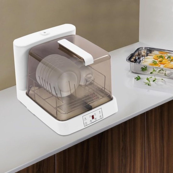 Masina de spalat vase de masa Corenia QRE-1001064, 6 L, 800 W, touch cu afisaj, pulverizare 360°, capac transparent brun, alb/transparent, 48 x 38 x 40 cm