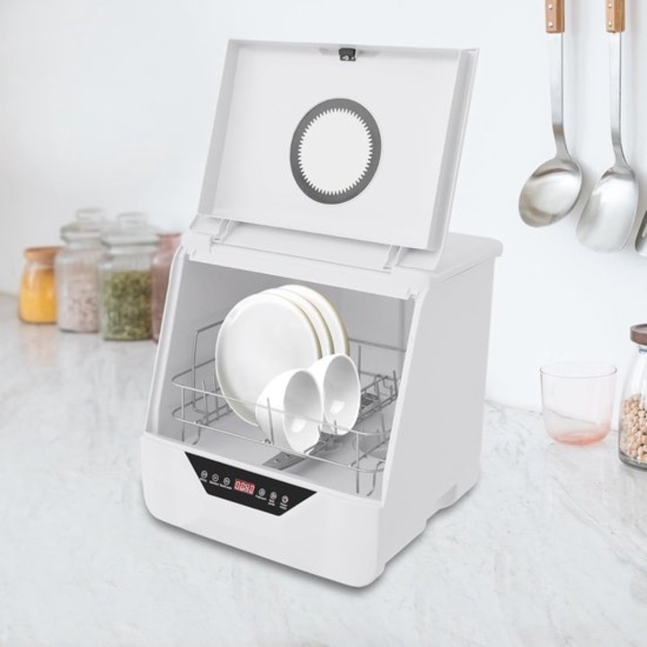 Masina de spalat vase compacta Corenia QRE-1002084, 800 W, 4 programe, afisaj LED, IPX1, alb, 38.5 x 37.3 x 39 cm