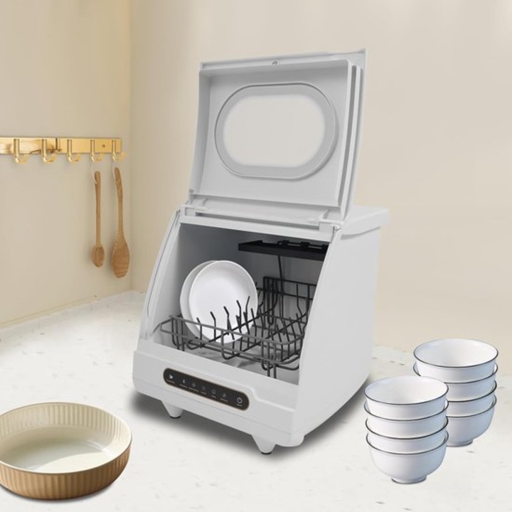 Masina de spalat vase compacta Corenia QRE-1015720, cu rezervor de apa si panou touch, 800W, alb, 45 x 45 x 38 cm