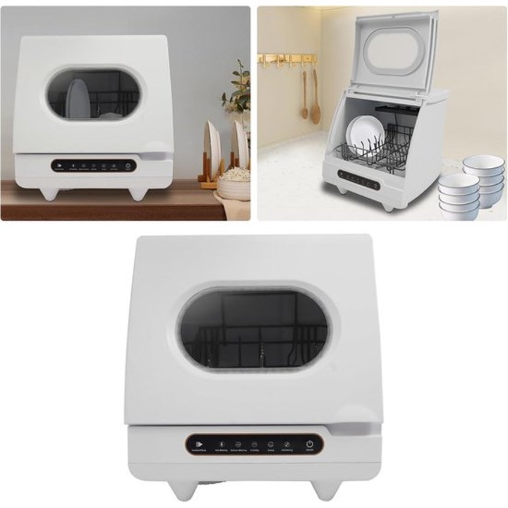 Masina de spalat vase compacta Corenia QRE-1001051, rezervor integrat 5 L, jet rotativ 360°, motor cupru 800W, 55 dB, programe 19/55 min, fara racord fix, alb, 45 x 45 x 43 cm