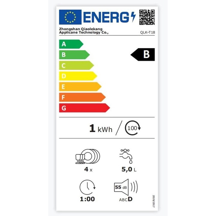 Masina de spalat vase de blat compacta Corenia QRE-1001574, rezervor integrat 6L, 4–6 seturi, touch-control cu afisaj LED, 52 dB, 41 x 46 x 46 cm, Clasa energetica B