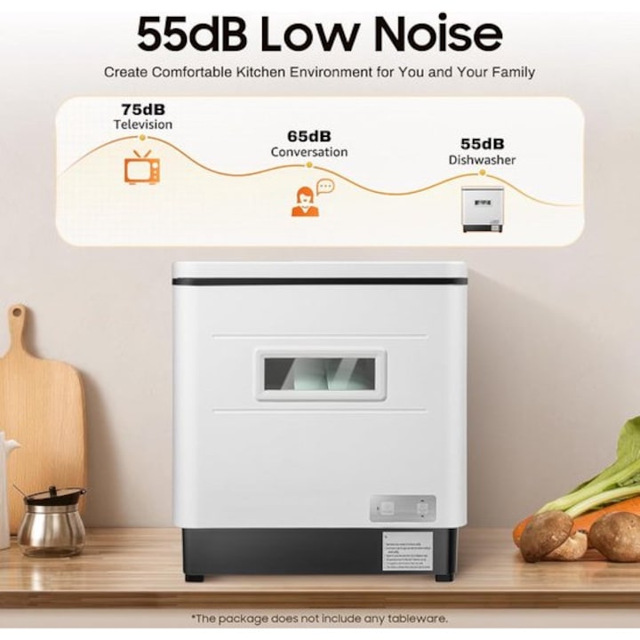 Masina de spalat vase compacta Corenia QRE-1016889, 800 W, 3 programe, 55 dB, 12 L/ciclu, interior inox, alb/negru, 42 x 38,5 x 46,5 cm