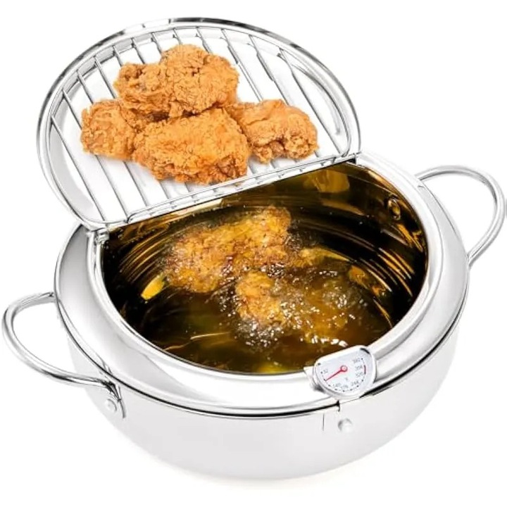 Friteuză adâncă din oțel inoxidabil 304, 3.2L, cu termometru și capac, dimensiuni 24x8cm