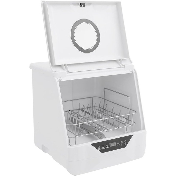 Masina de spalat vase compacta Corenia QRE-1021553, 800 W, rezervor 6 L, 4 programe, dezinfectare la temperatura inalta, 55 dB, 38,5×37,3×39 cm, alb