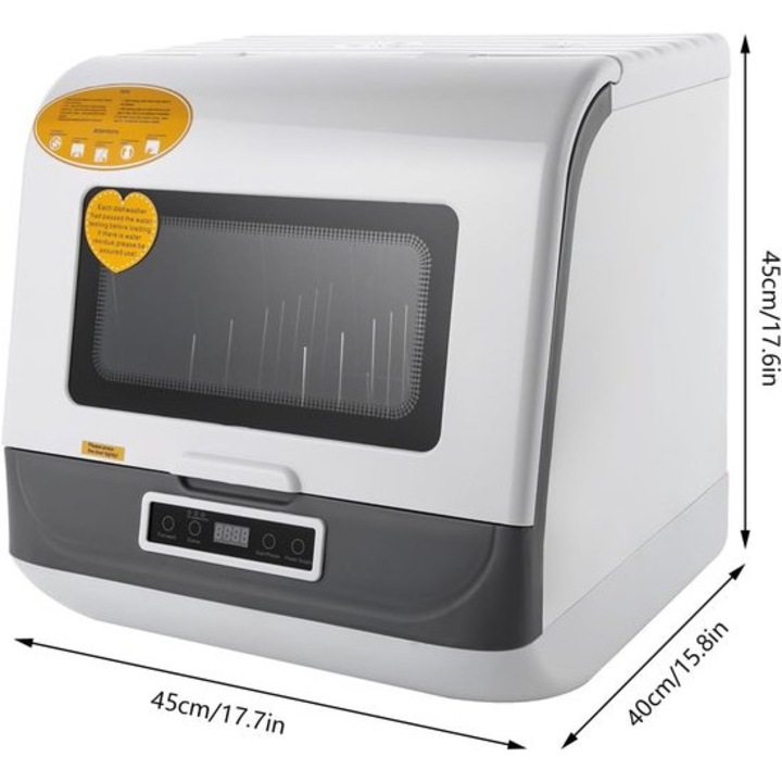 Masina de spalat vase compacta de masa Corenia QRE-1002152, rezervor 5L, pentru 4 seturi (12–20 piese), 3 programe, 800W, alb/gri, 45 x 40 x 44.8 cm