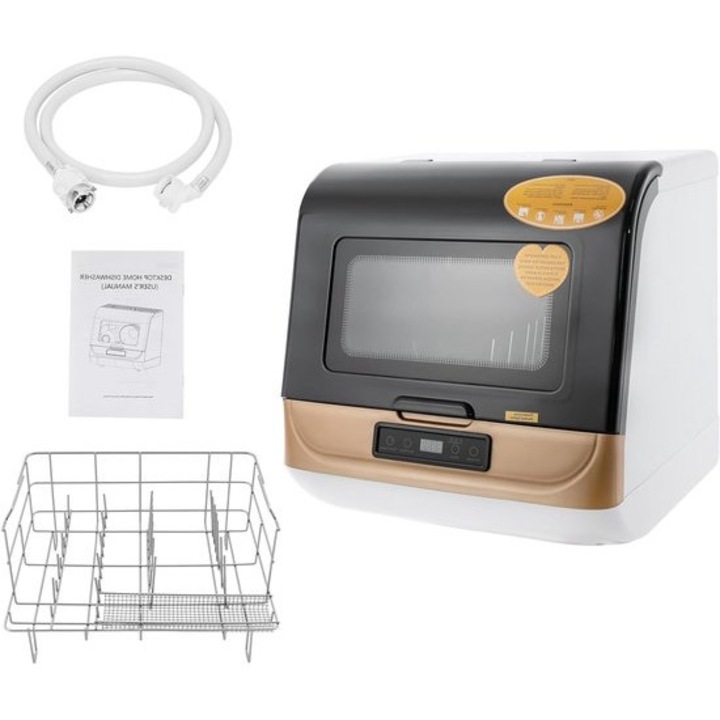 Masina de spalat vase compacta Corenia QRE-1002127, 3 programe, pulverizare 360°, 800 W, capacitate 12–20 seturi, alb/auriu, 45 x 40 x 44,8 cm