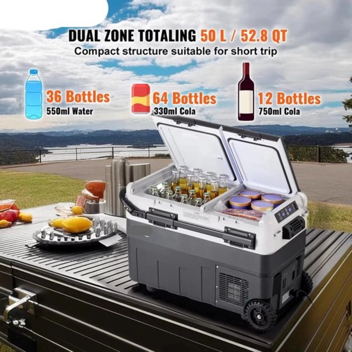 Frigider auto Corenia QRE-1002182, compresor dual-zone, 50 l, -20°C pana la +20°C, 12/24V DC & 110/230V AC, cu roti si maner telescopic, gri/alb