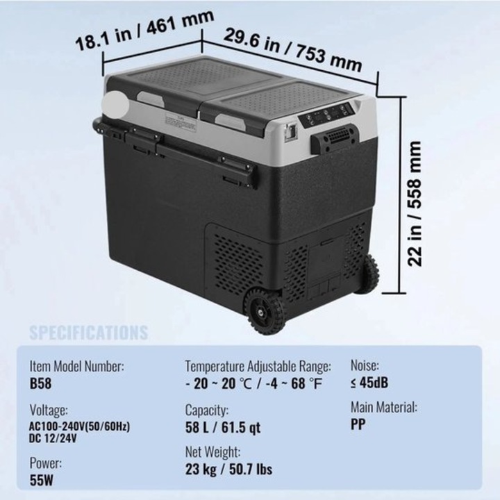 Frigider auto portabil cu compresor Corenia B58 (QRE-1002254), dual 12/24V & 110/230V, -20°C pana la +20°C, 50 L, negru/gri