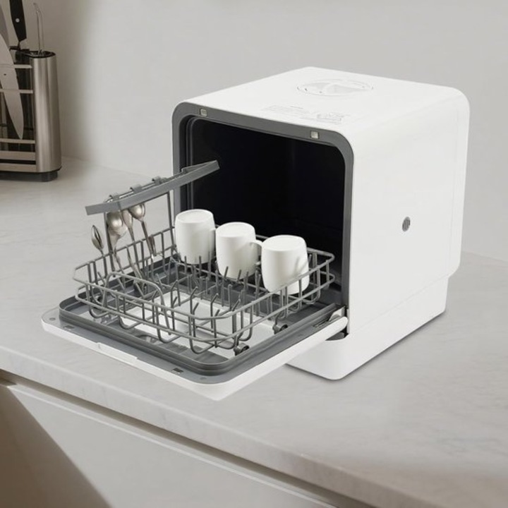 Masina de spalat vase compacta Corenia QRE-1003009, 4 programe, uscare cu aer cald 72°C, capacitate rezervor 6 L (1-2 persoane), consum apa 3-6 L/ciclu, Clasa A, alb, 41 x 46 x 46 cm