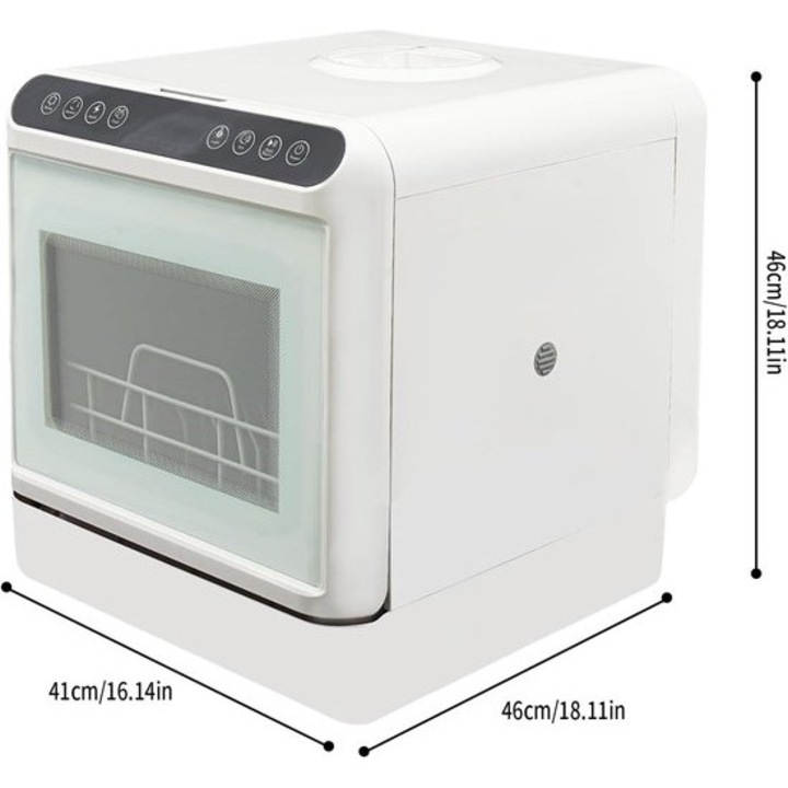 Masina de spalat vase compacta Corenia QRE-1015724, rezervor apa 6 L, 1100 W, Clasa energetica B, 4 programe, LED display, 52 dB, alb, 41x46x46 cm