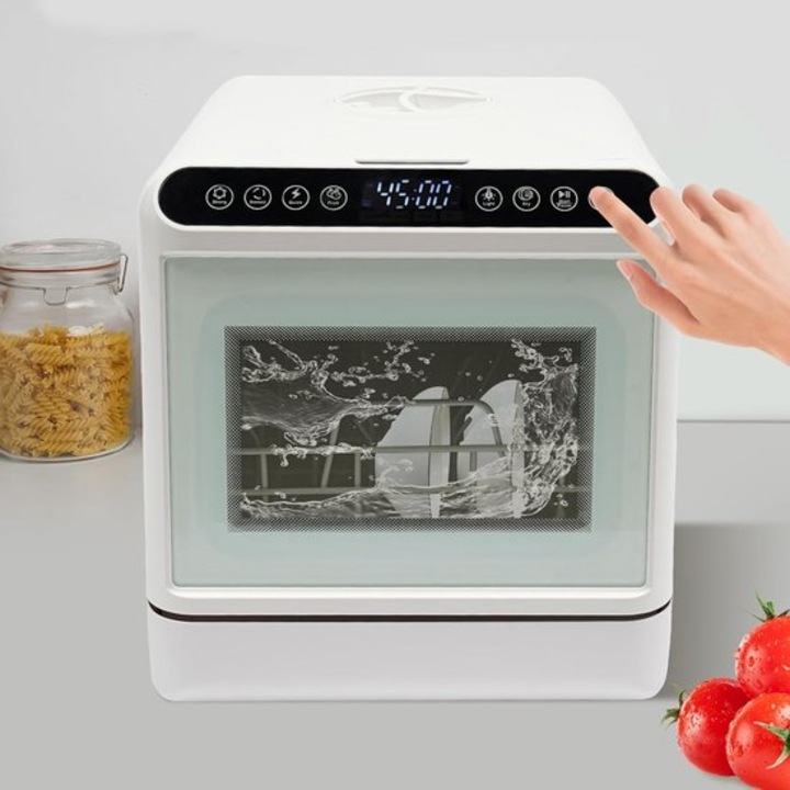 Masina de spalat vase compacta de tip blat Corenia QRE-1002294, rezervor apa 6 L, 1100W, silentioasa 52 dB, touch, geam transparent, 41 x 46 x 46 cm, alb