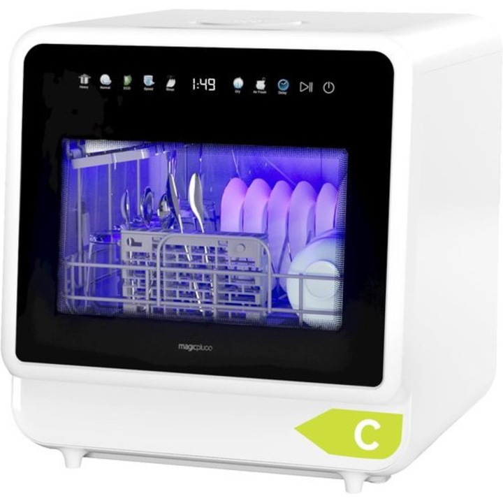 Masina de spalat vase compacta Corenia QRE-1003236, 5 seturi (28 piese), rezervor 5L, 3 brate de pulverizare, touchscreen, 5+3 programe, 970 W, Clasa energetica C, alb/negru, 43 x 44 x 46 cm