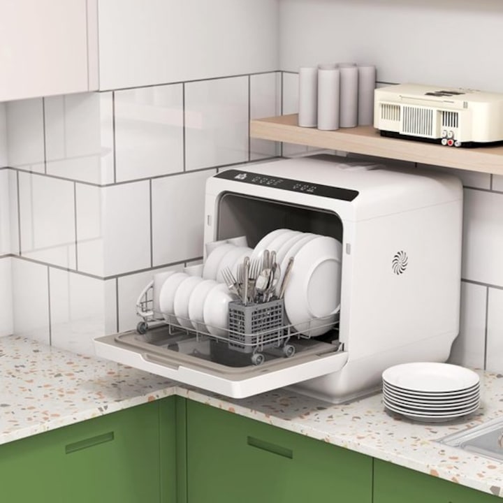 Masina de spalat vase compacta Corenia QRE-4380207, 6 programe, rezervor 6L, capacitate 4 seturi, 45 x 44 x 45,8 cm, alb