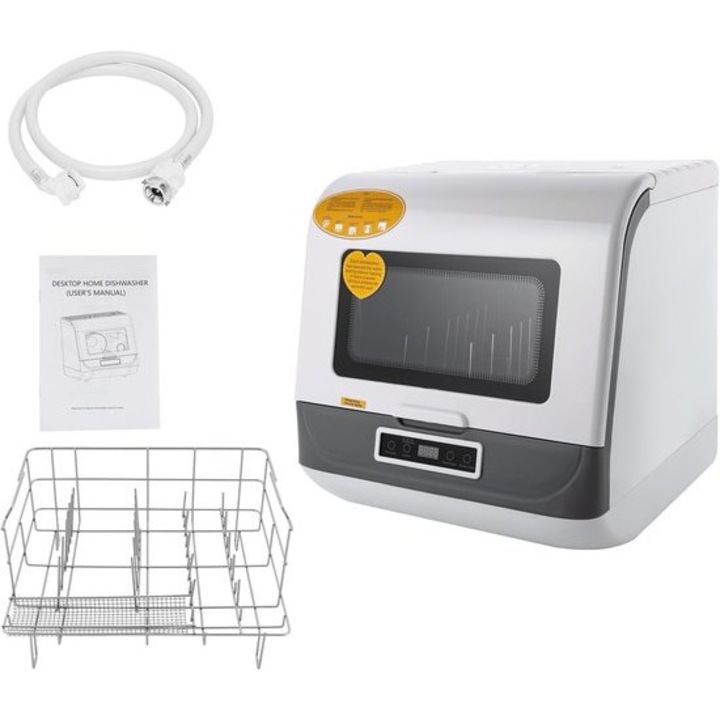 Masina de spalat vase compacta Corenia QRE-1003204, 800 W, clasa energetica A, 3 programe (55–65°C), 360° pulverizare, uscare cu abur si aer, 4–6 seturi, alb, 45 x 40 x 44,8 cm